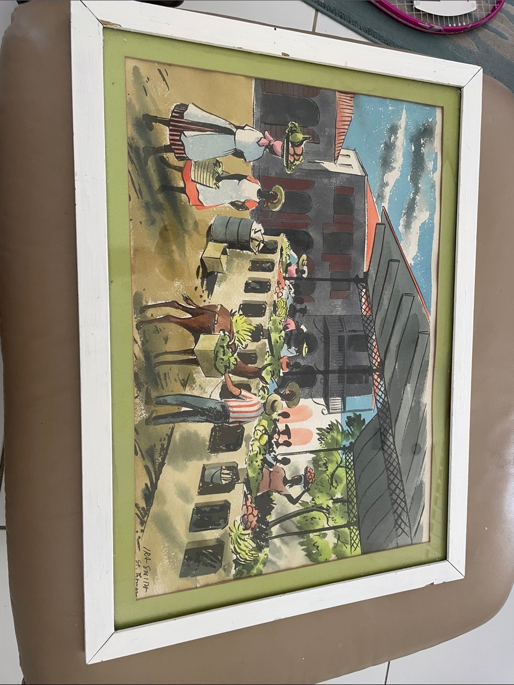 Framed Market Scene Art Print in Green,Blue,Red vintage by Ira Smith.pre owned